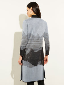 Landscape Pattern Belted Jacquard Knit Jacket, Slate Grey/Vintage Blue/Black | Meison Studio Presents Misook