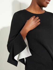 Contrast Handkerchief Sleeve Soft Knit Tunic, Black/New Ivory | Meison Studio Presents Misook