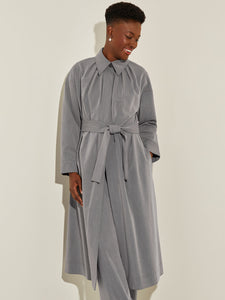 Pleated Neckline Belted Twill Trench Coat