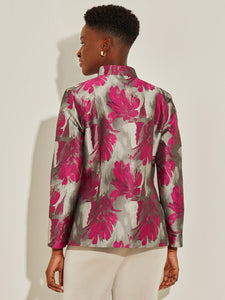 Floral Funnel Neck Tailored Woven Jacket, Rhubarb/Sand/Almond Beige/Black | Meison Studio Presents Misook
