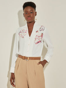 Floral Embroidered Button-Front Crepe Blouse, White/Almond Beige/Rhubarb/Sand/Black | Meison Studio Presents Misook