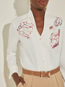 Floral Embroidered Button-Front Crepe Blouse, White/Almond Beige/Rhubarb/Sand/Black | Meison Studio Presents Misook