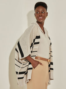 Mixed Stripe Sheer Knit Cardigan, Almond Beige/Black | Meison Studio Presents Misook