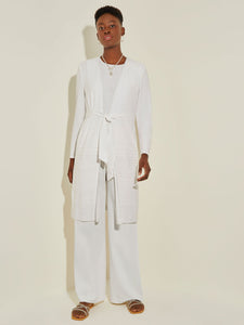 Ombre Shimmer Stripe Knit Belted Cardigan, White | Meison Studio Presents Misook