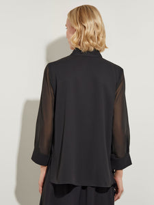 Sheer Sleeve Button-Front Crepe de Chine Blouse, Black | Meison Studio Presents Misook