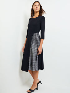 Pleated Contrast Panel Soft Knit Dress, Black & White | Misook 