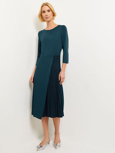 Pleated Contrast Panel Soft Knit Dress, Marine Teal & Black | Misook