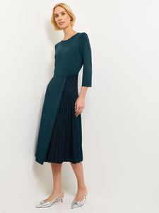Pleated Contrast Panel Soft Knit Dress, Marine Teal & Black | Misook Premium Details