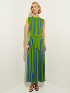 Sleeveless Soft Ribbed Knit Belted Midi Dress, Satin Sky/Matisse Green/Black | Misook