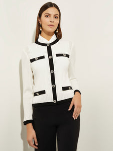Button Detail Eyeleted Recycled Knit Jacket, Black/White | Misook