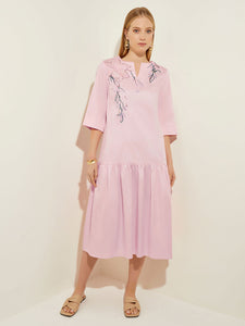 Drop Waist Embroidered Cotton Poplin Dress, Rose Petal/Macchiato/Lavender Field/Spruce | Misook
