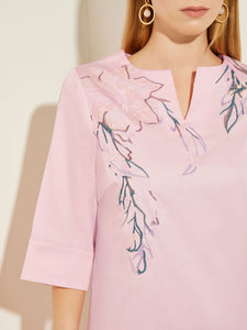 Drop Waist Embroidered Cotton Poplin Dress, Rose Petal/Macchiato/Lavender Field/Spruce | Misook Premium Details