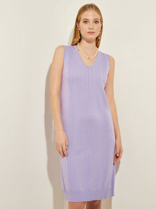 Cable Detail Soft Knit V-Neck Dress, Lavender Field | Misook