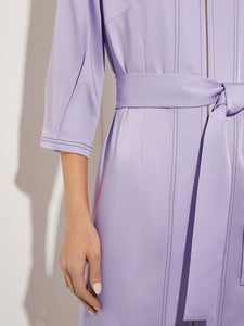 Puff Sleeve Belted Cotton Poplin Midi Dress, Lavender Field/Black | Misook Premium Details