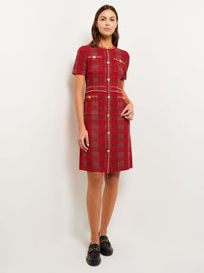 Bold Plaid Tweed Knit Sheath Dress, Classic Red, Classic Red/Mahogany/Venetian Rose | Meison Studio Presents Misook