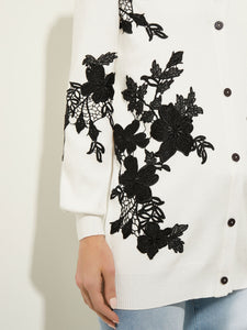 Floral Applique Recycled Knit Boyfriend Cardigan, Black/White | Misook Premium Details