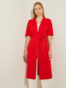 Short Sleeve Belted Stretch Crepe Duster, Sunset Red | Misook