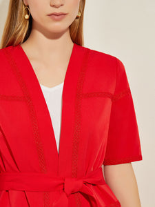 Short Sleeve Belted Stretch Crepe Duster, Sunset Red | Misook Premium Details