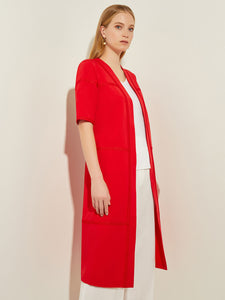 Short Sleeve Belted Stretch Crepe Duster, Sunset Red | Misook