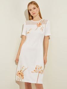 Embroidered Sheer Yoke Soft Knit A-Line Dress, White/Sand/Sunset Red/Citrus Blossom/Pale Gold/Black | Misook