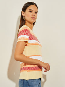 Short Sleeve Intarsia Striped Soft Knit Top, Citrus Blossom/Sunset Red/Pale Gold/White | Misook