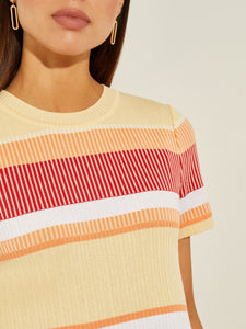 Short Sleeve Intarsia Striped Soft Knit Top, Citrus Blossom/Sunset Red/Pale Gold/White | Misook Premium Detials