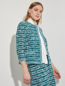 Braided Trim Tweed Knit Jacket, French Blue/New Ivory/Black | Misook Premium Details