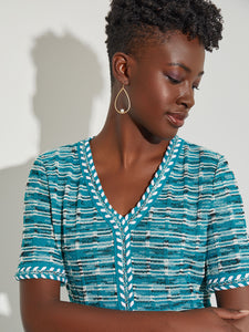 Braided Trim Tweed Knit Dress, French Blue/New Ivory/Black | Misook Premium Details