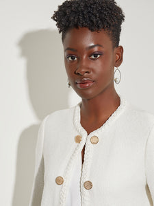 Novelty Button Tweed Knit Jacket, New Ivory | Misook Premium Details