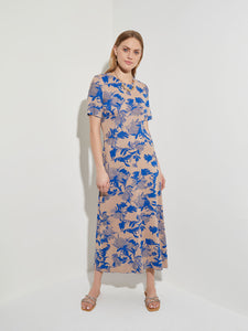 Floral Jacquard Soft Knit A-line Dress, Sand/Lyons Blue | Misook