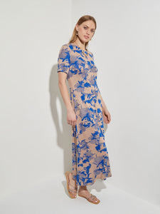 Floral Jacquard Soft Knit A-line Dress, Sand/Lyons Blue | Misook