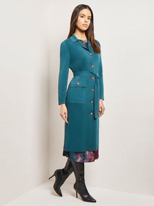 Belted Button Front Long Knit Jacket, Marine Teal | Misook