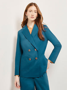 Double Breasted Cotton Blend Jacket, Marine Teal | Misook
