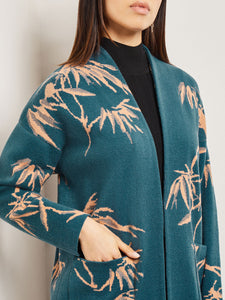 Botanical Print Open Front Long Jacquard Knit Jacket, Marine Teal/Goldenwood | Misook Premium Details