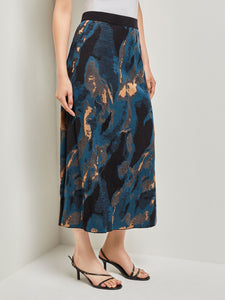 Marbled Jacquard Knit Midi Skirt, Marine Teal/Black/Goldenwood | Misook Premium Details