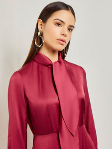 Tie Neck Pleated A-Line Maxi Dress, African Violet, African Violet | Misook Premium Details