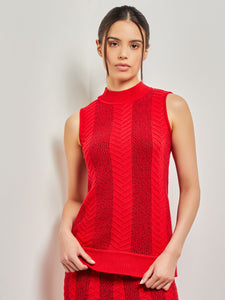 Textural Stripe Mock Neck Cable Knit Tank, Classic Red | Misook