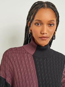 Colorblock Cable Knit Mock Neck Tunic, Mahogany/Black | Misook Premium Details