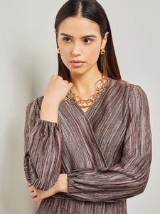 Bishop Sleeve Jacquard Knit Maxi Dress, Mahogany/Venetian Rose/Black | Misook Premium Details