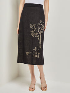 Placed Floral Jacquard Knit Midi Skirt, Black/Gold | Misook