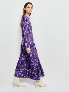 Maxi Drop Waist Dress - Pleated Print Crepe de Chine, Ultraviolet/Viola/Black | Misook