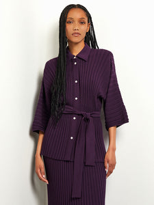 Button Front Belted Tunic - Ribbed Soft Knit, Ultraviolet | Misook