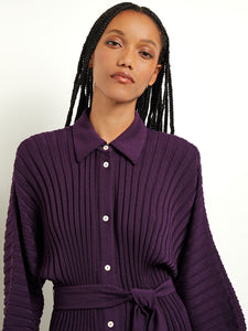 Button Front Belted Tunic - Ribbed Soft Knit, Ultraviolet | Misook Premium Details
