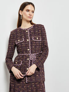 Button Front Jacket - Braid Trim Tweed Knit, Ultraviolet/Viola/Goldenwood/Sandstone | Misook