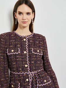 Button Front Jacket - Braid Trim Tweed Knit, Ultraviolet/Viola/Goldenwood/Sandstone | Misook Premium Details