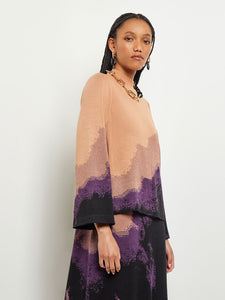 Boat Neck Tunic - Bell Sleeve Recycled Knit, Ultraviolet/Goldenwood/Black | Misook