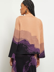 Boat Neck Tunic - Bell Sleeve Recycled Knit, Ultraviolet/Goldenwood/Black | Misook