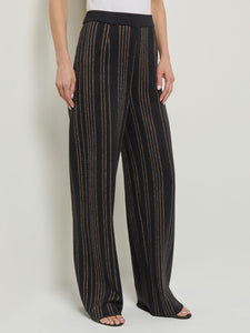 Pull-On Straight Leg Pants - Stripe Soft Knit, Goldenwood/Black | Misook Premium Details