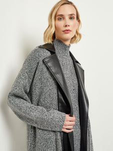 Belted Jacket - Vegan Leather Trim Cozy Knit, Black/New Ivory | Misook Premium Details