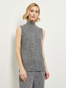 Mock Neck Tank - Cable Accent Cozy Knit, Black/New Ivory | Misook